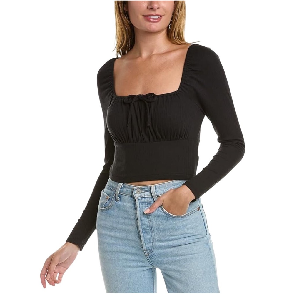 Madewell Burleigh Square Neck Top, Black, Ribbed, Long Sleeve,‎ Women's Medium